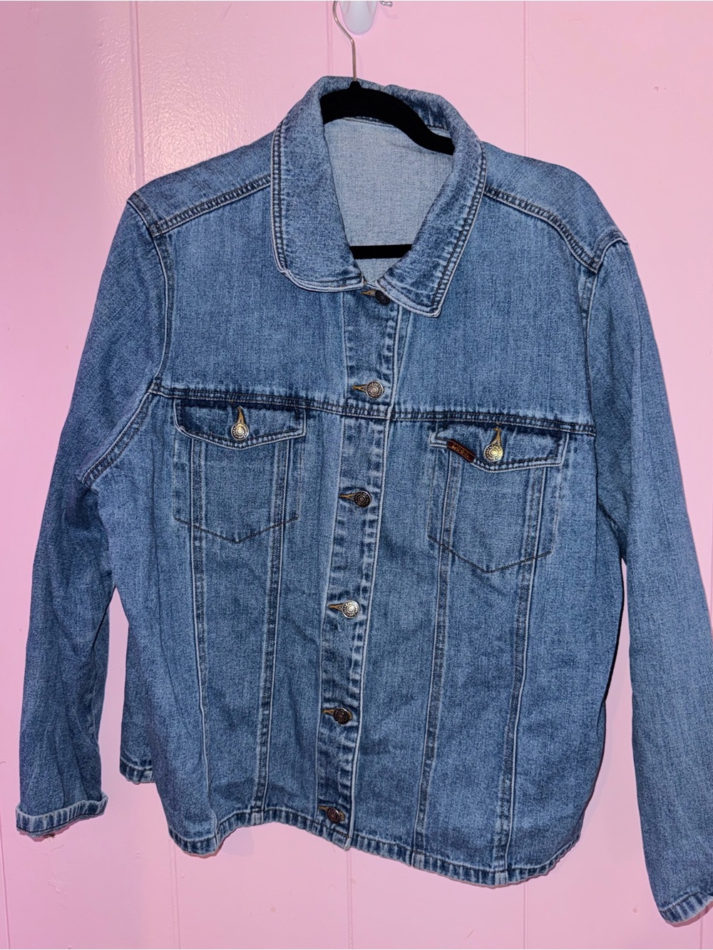 VINTAGE Lee Blue Denim Jacket with Yellow Stitching Detail